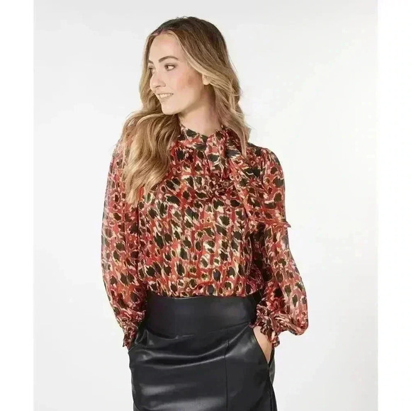 NWT Esqualo Leopard Print Tie Neck Blouse‎ Red/Black Size 6 Career Flirty - Picture 1 of 8